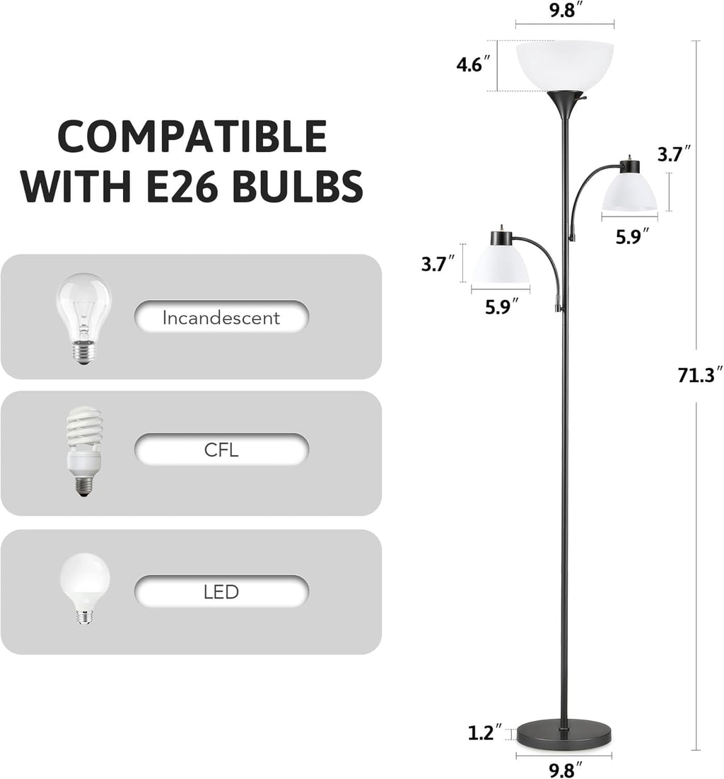 Cozylumi™ Lumadin 71'' Black Floor Lamp With 2 Adjustable Reading Lamp, Modern Design,3