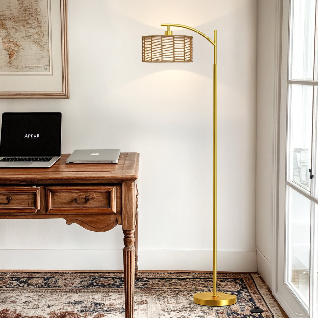 Cozylumi™ 62.5" Boho Arc Floor lamp with Brown Rattan Shade,Farmhouse Gold Standing