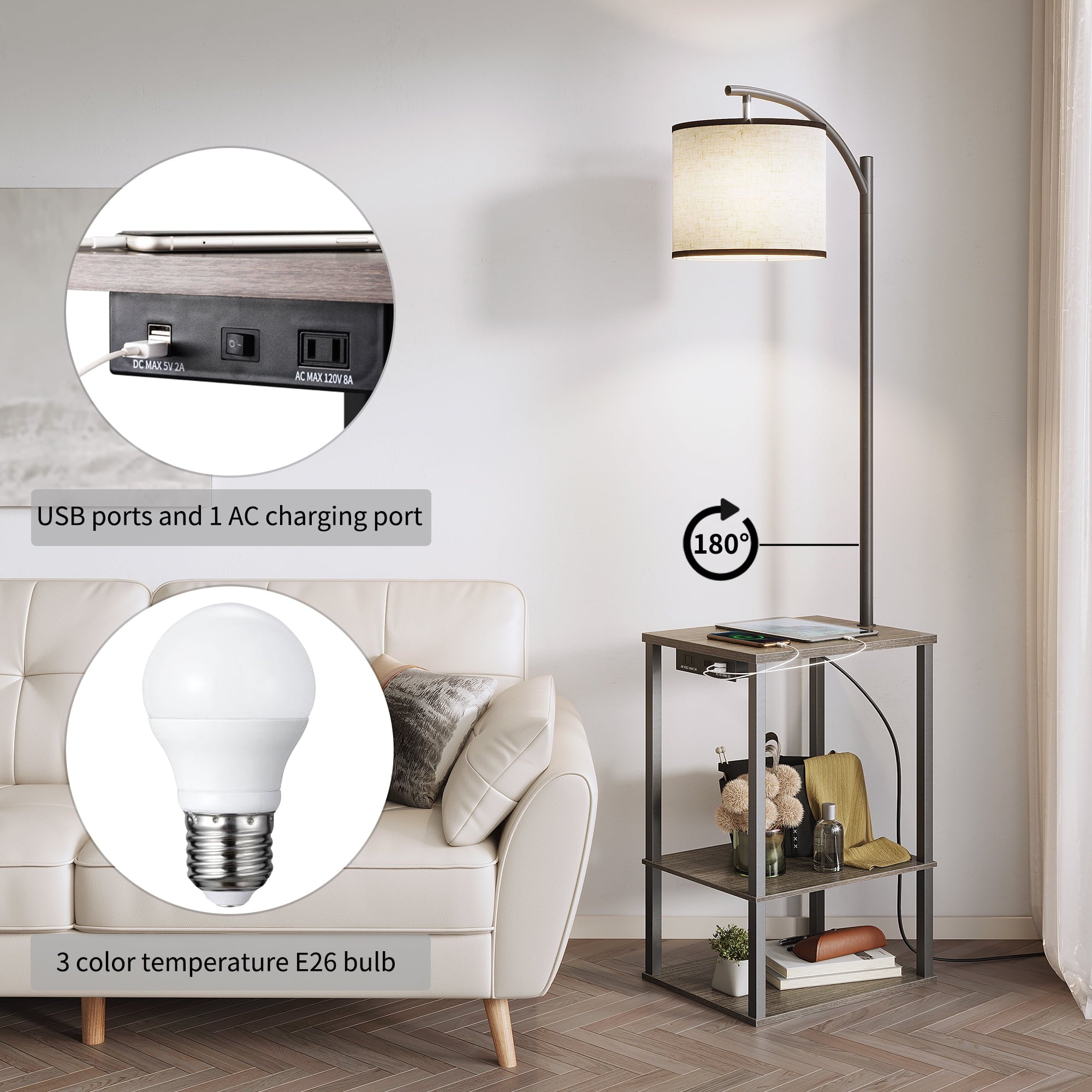 Cozylumi™ Floor Lamp with Table Lamps for Living Room with Charging Station USB & AC