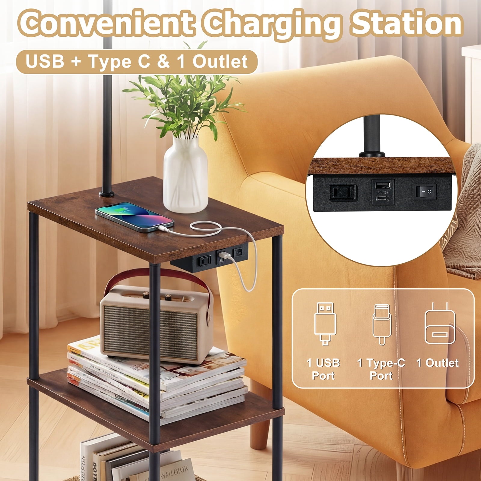 Cozylumi™ Vesteel Floor Lamp with Table, End Table with Charging Station USB & Type-C &