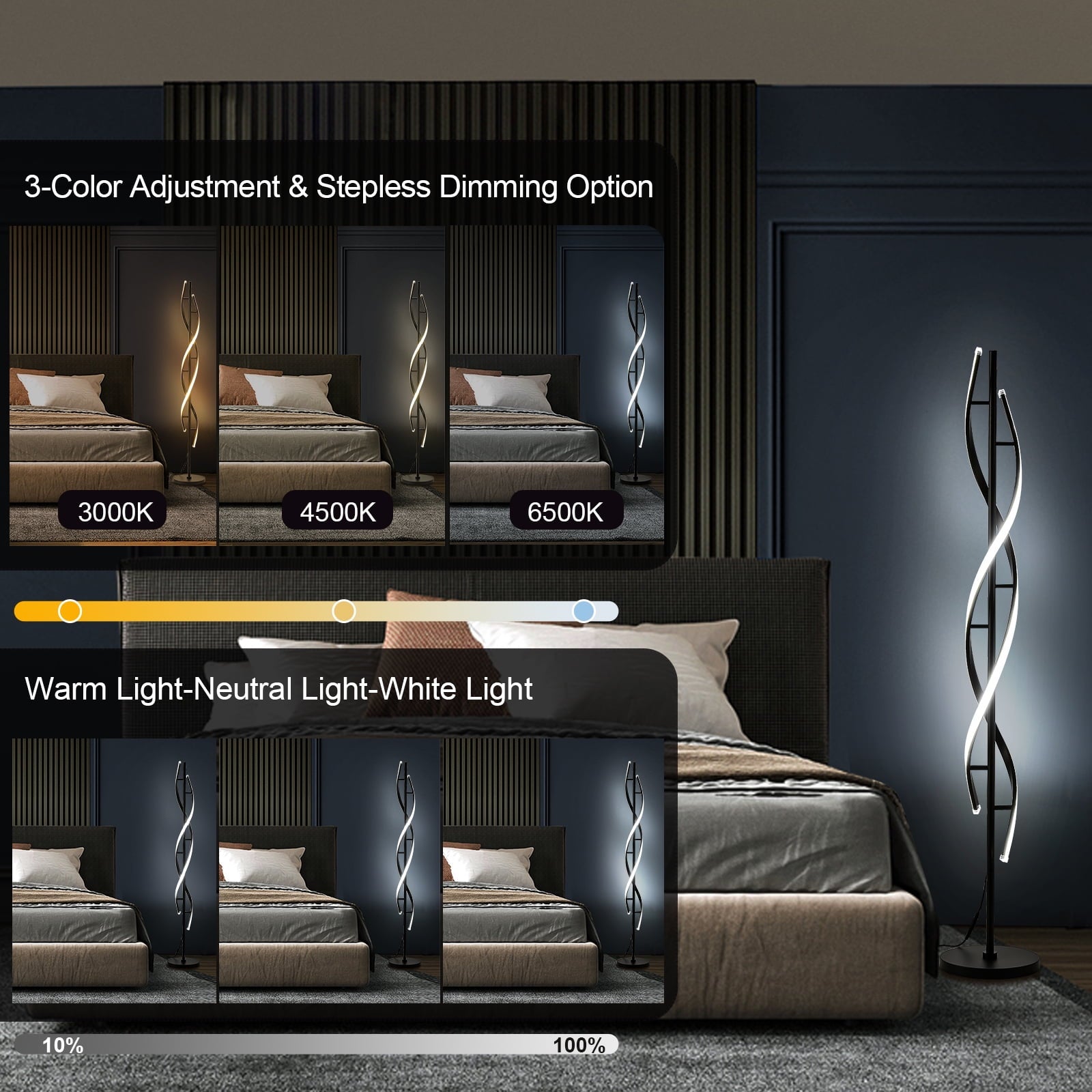 Cozylumi™ LED Spiral Floor Lamp 60 Inch Modern Floor Lamps Dimmable Black Standing Lamp