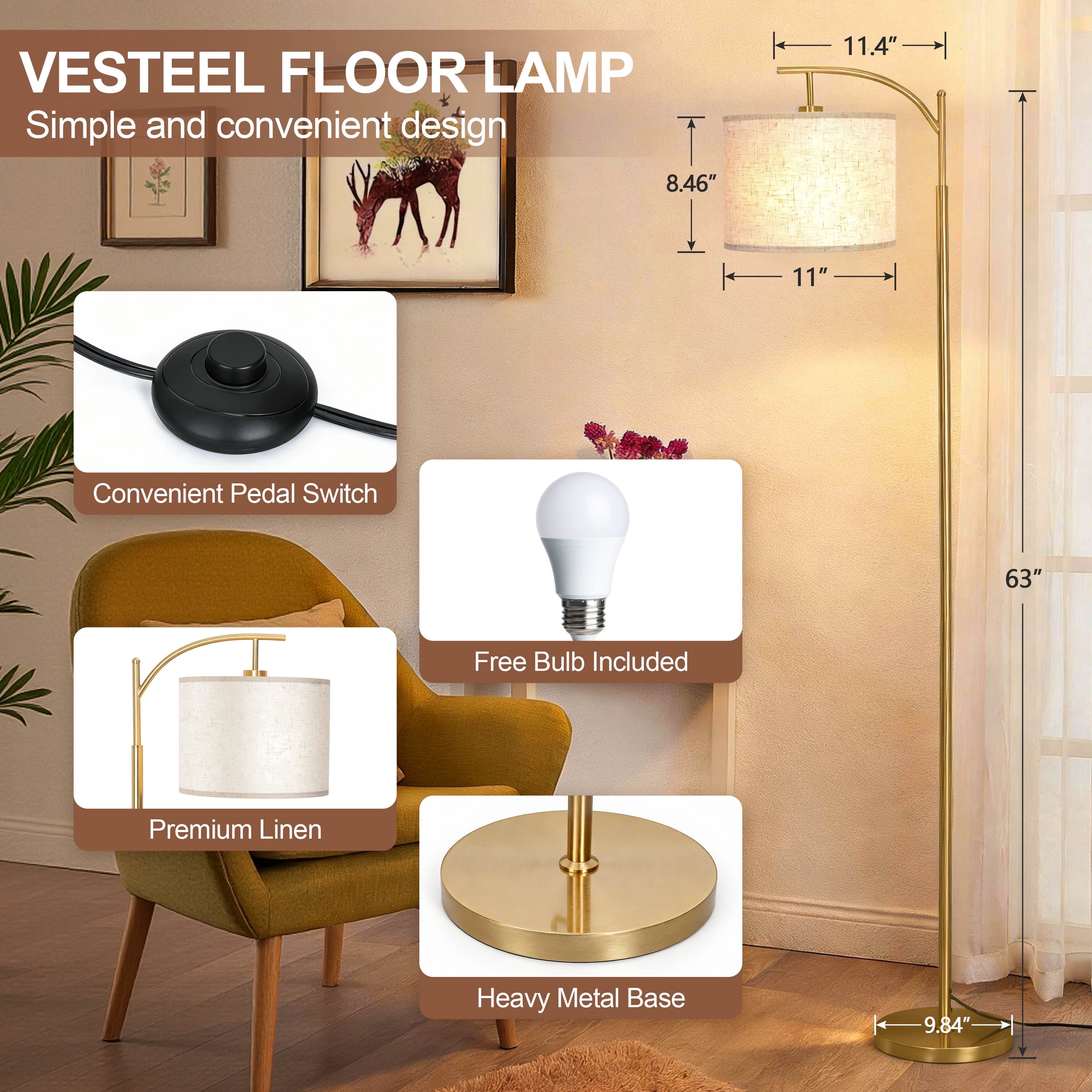 Cozylumi™ Vesteel Floor Lamp, Standing Lamp with 3 Color Temperatures & Lampshade, Arch