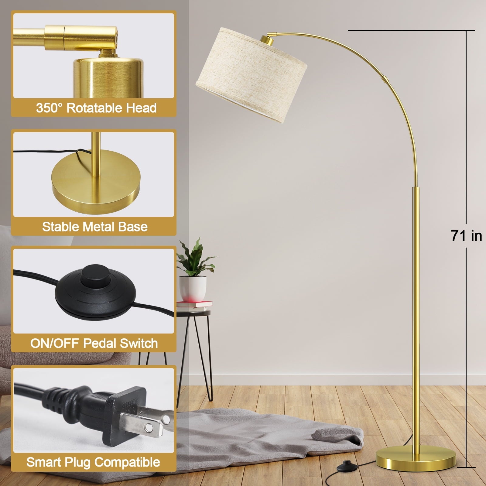 Cozylumi™ Gold Modern Arc Floor Lamp, Tall Pole Lamp with On/Off Foot Switch