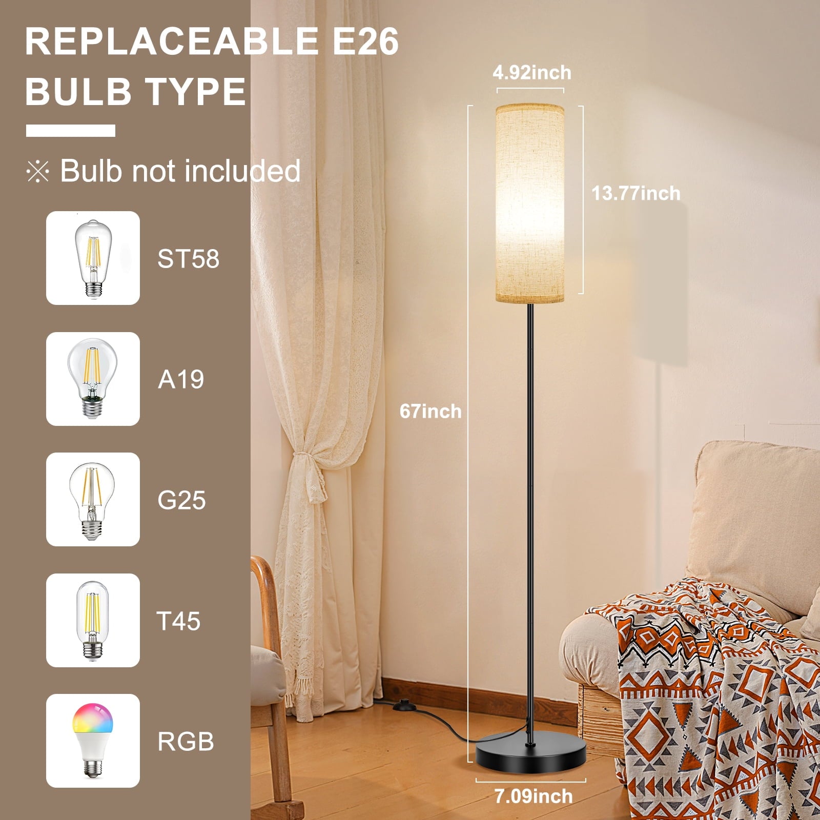 Cozylumi™ 67" Floor Lamp, Modern Standing Lamp with Beige Linen Shade, Black Pole with
