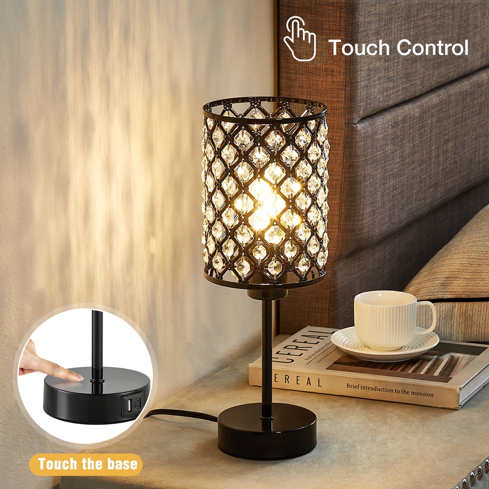 Cozylumi™ Crystal Table Lamp for Bedroom,Modern Dimmable Touch Lamp with Crystal