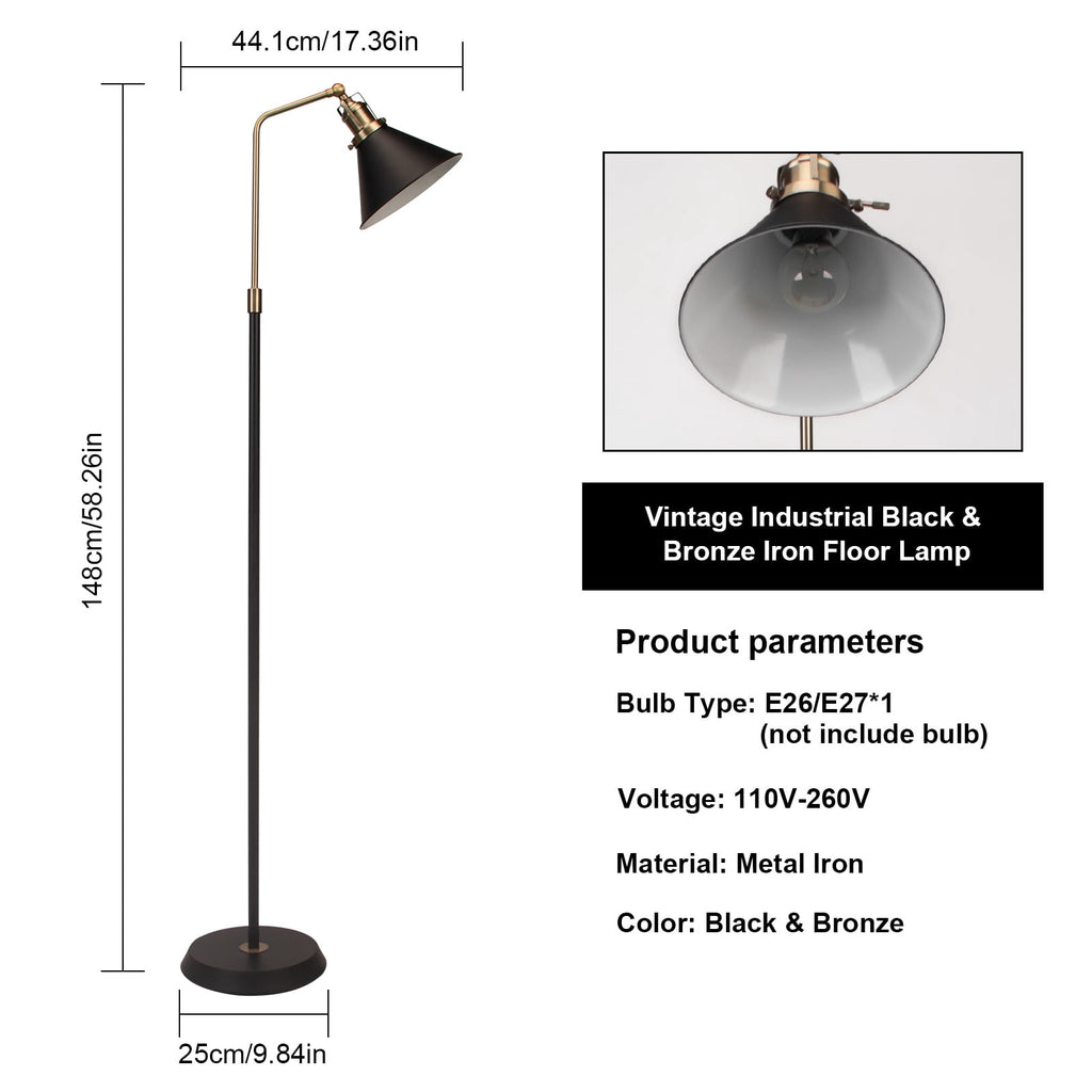 Cozylumi™ HonoDing 58" Rustic Rotatable Floor Lamp, Vintage Metal Design, Black