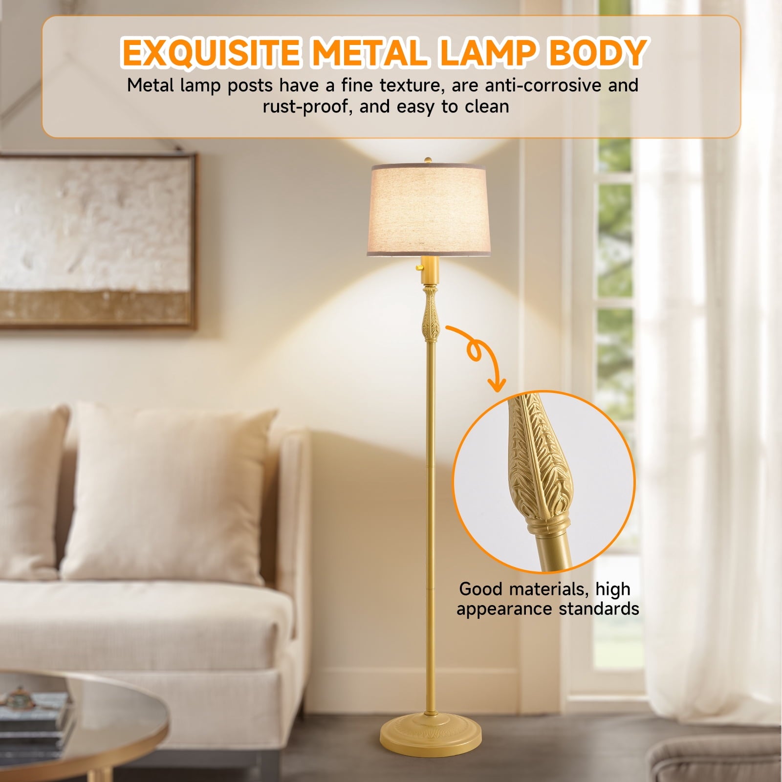 Cozylumi™ Floor Lamp for Living Room,Bedroom,Gold Dimmable Standing Lamp Mid Century