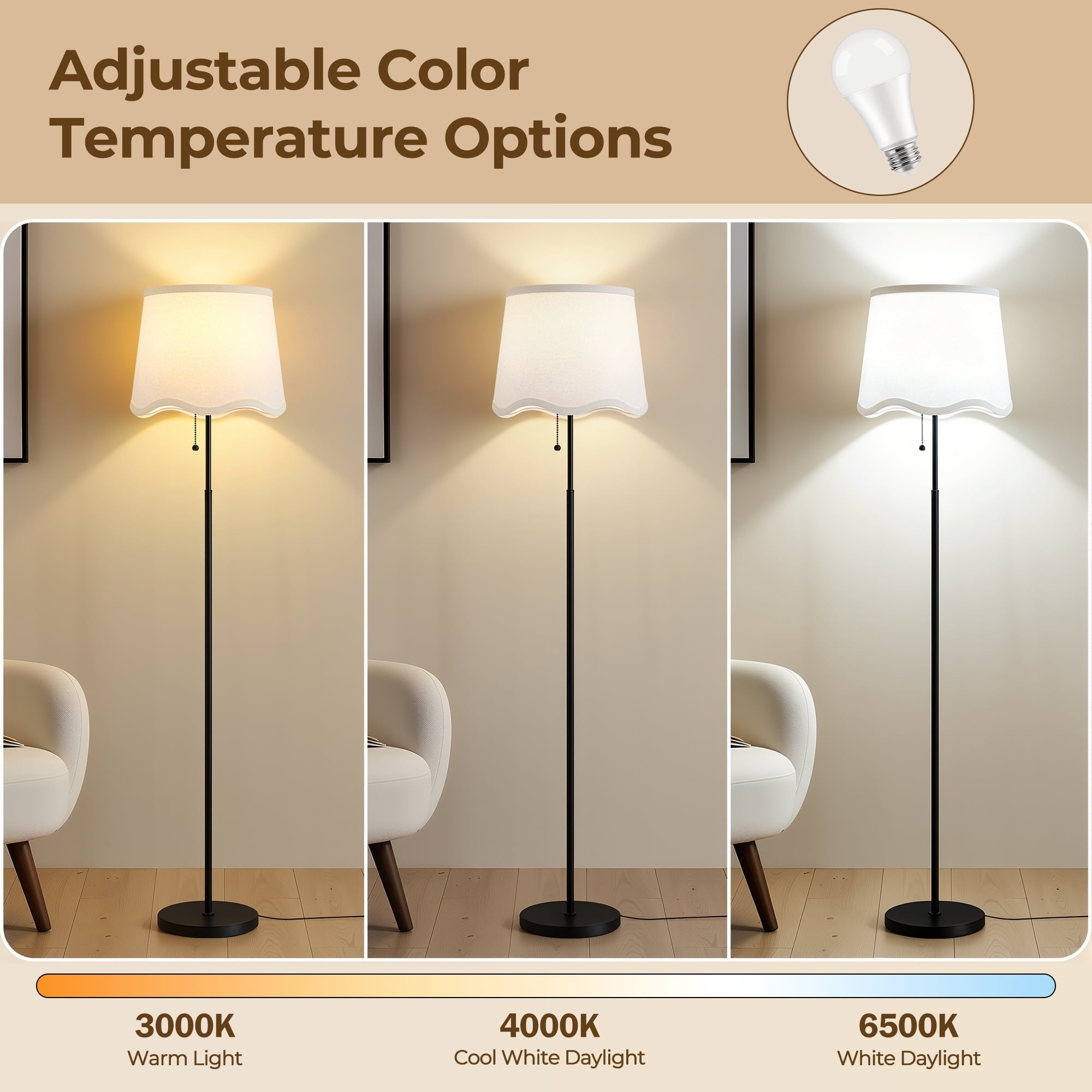 Cozylumi™ 60 Inch Adjustable Color Floor Lamp Pull Chain Light with Bulb for Home