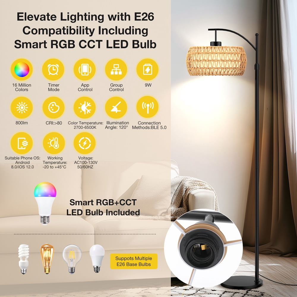 Cozylumi™ BLITZWILL RGB Arc Floor Lamp,3 Color Temperatures Dimmable,Rattan Boho Floor