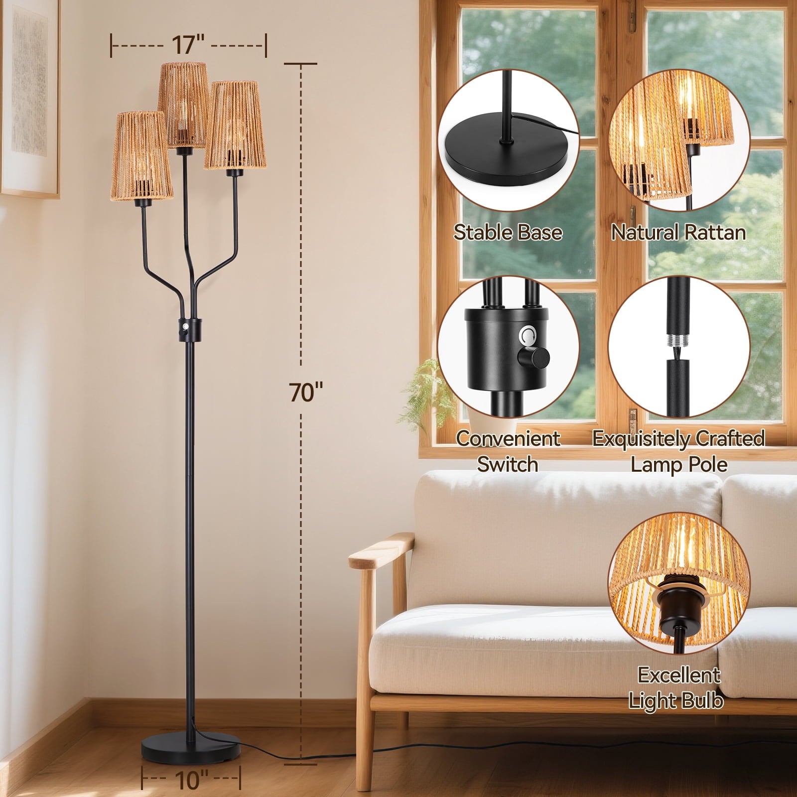 Cozylumi™ Rattan Floor Lamp, Floor Lamps for Living Room with 3 Tier Dimmable Lighting