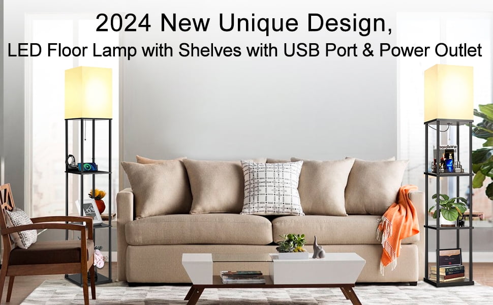 Cozylumi™ Floor Lamp w. Shelves Including 2AC Outlets & 2USB Ports 9W LED Light Bulb 3