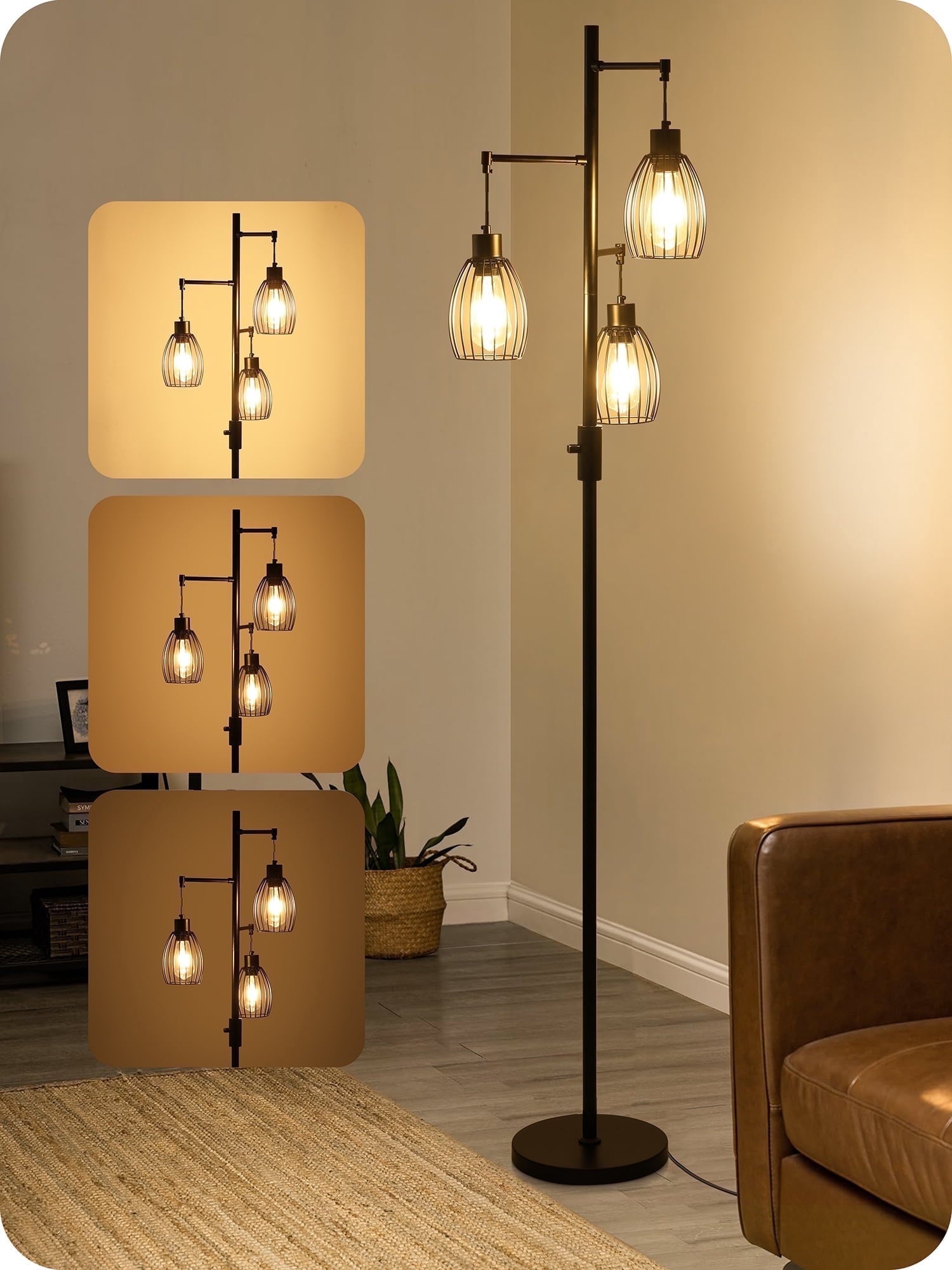 Cozylumi™ Vesteel Standing Lamp, Farmhouse Lamp with 3 Teardrop Cage and Bulbs