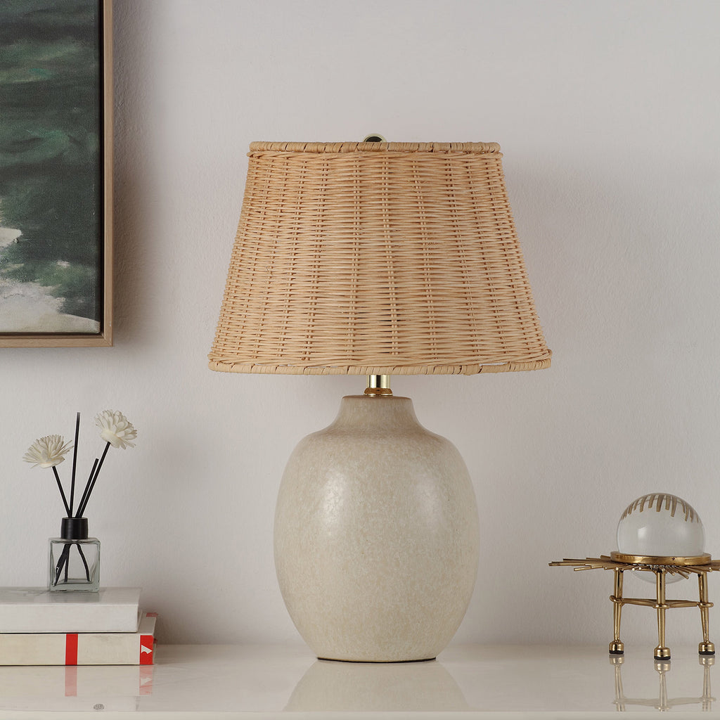 Cozylumi™ Cream Reactive Ceramic Table Lamp with Natural Rattan Shade, 18 in