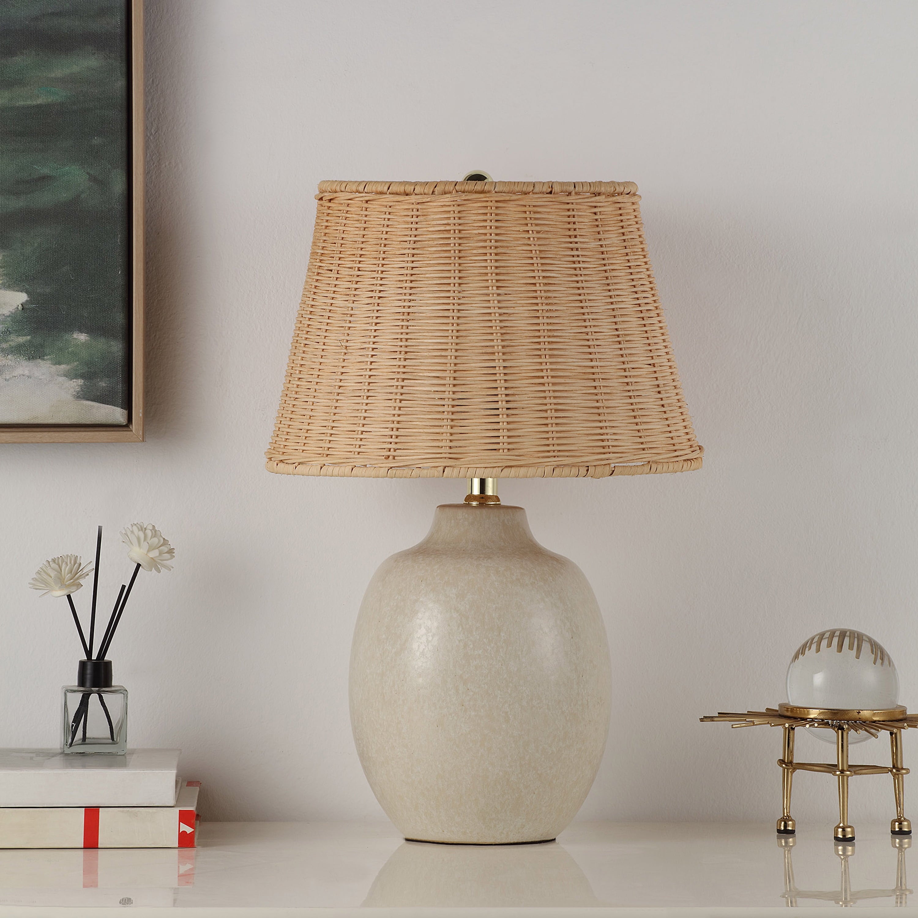 Cozylumi™ Cream Reactive Ceramic Table Lamp with Natural Rattan Shade, 18 in