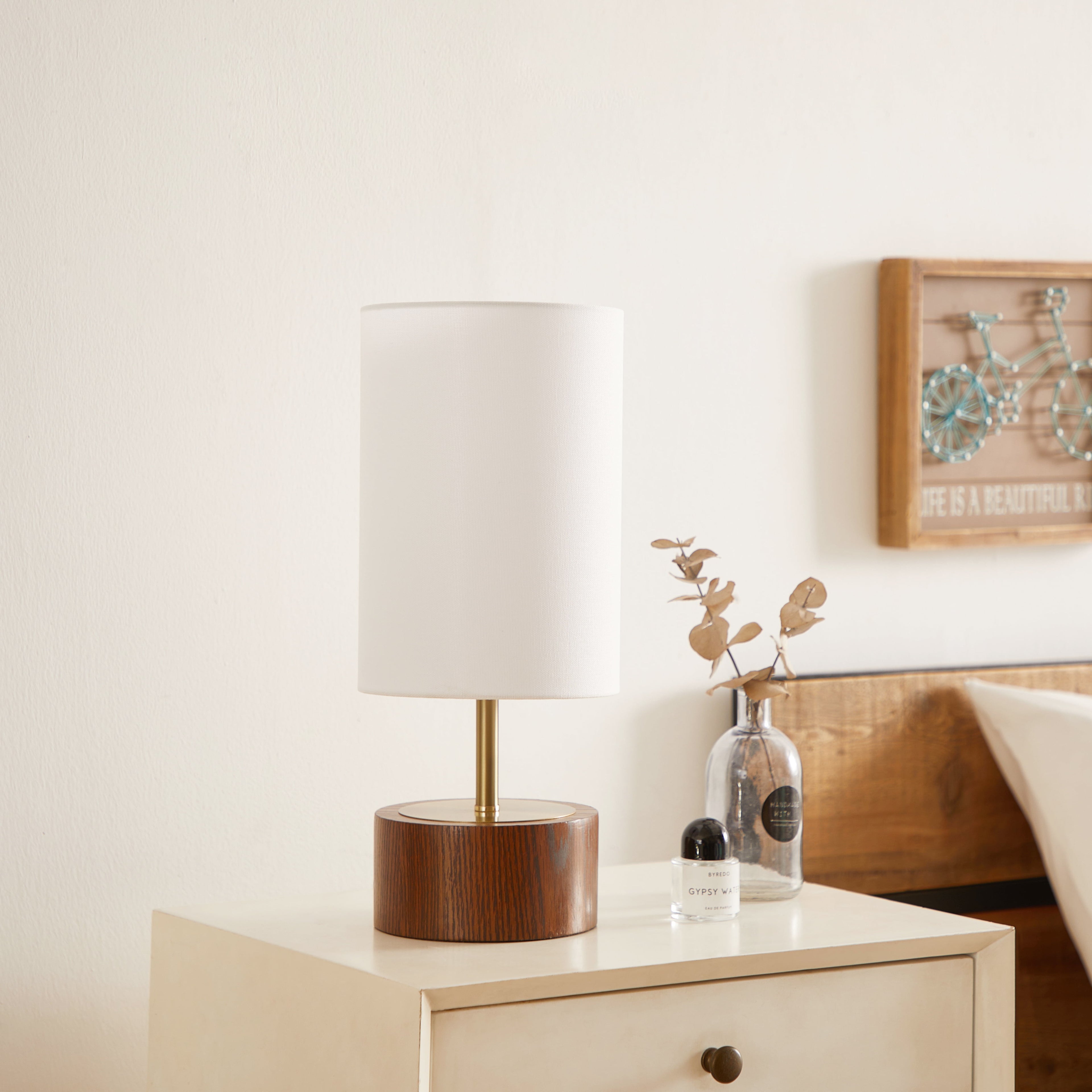 Cozylumi™ Woodgrain Touch Table Lamp, Walnut and Brushed Brass Finish, 16.25 in