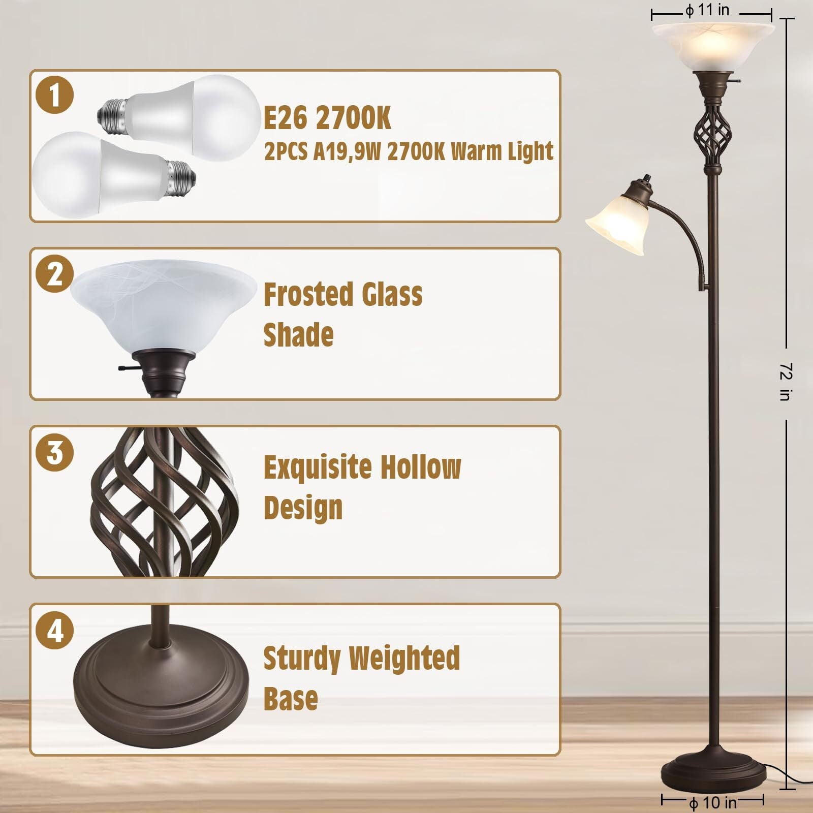 Cozylumi™ Floor Lamp for Living Room, LED Standing Reading Light for Bedroom with Glass