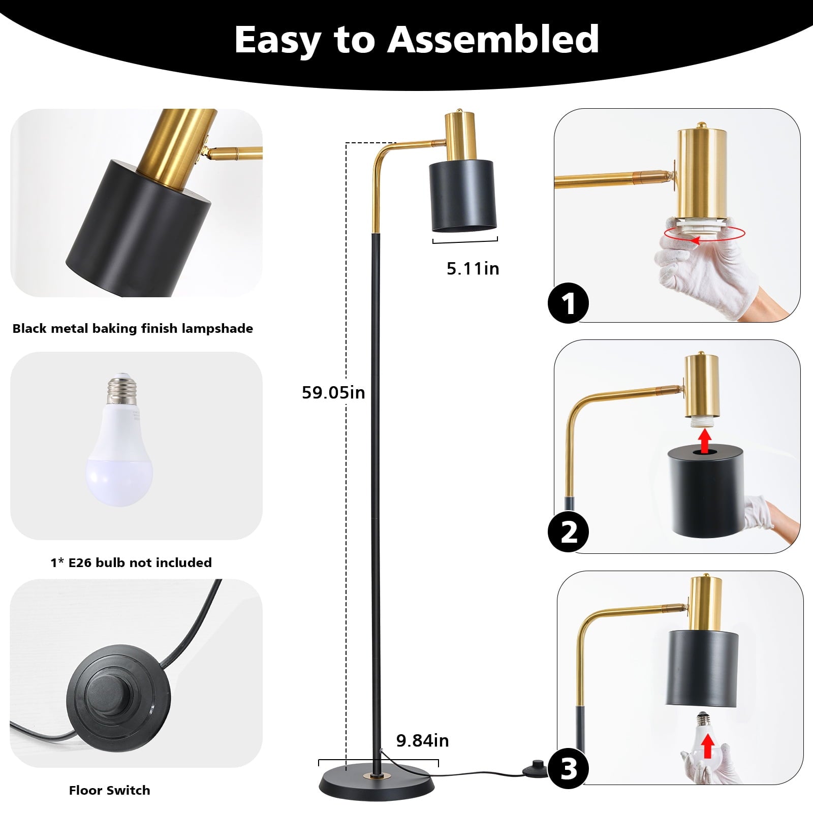 Cozylumi™ JOPESO Modern Industrial 59" Floor Lamp, Adjustable Lampshade Antique Brass &