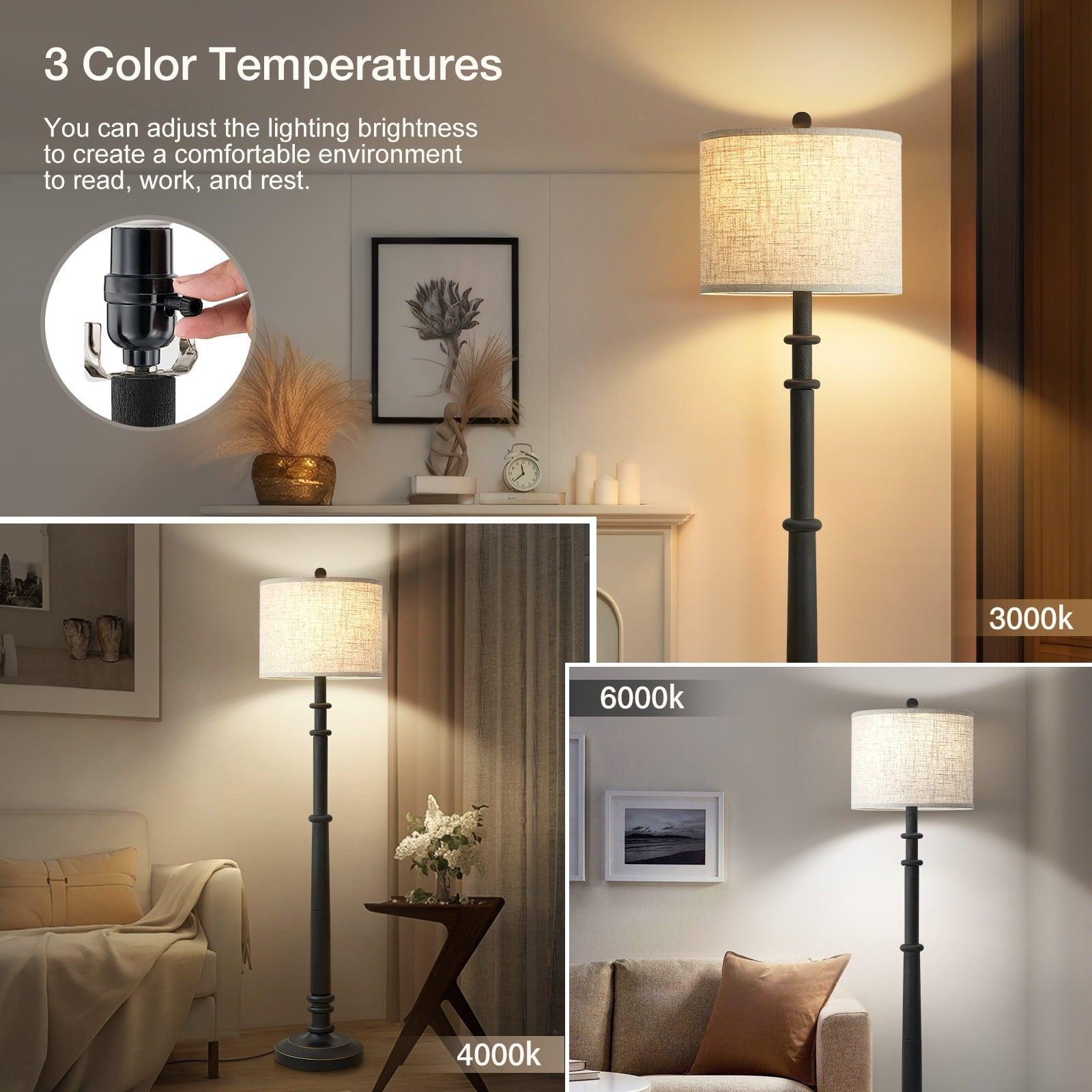 Cozylumi™ Floor Lamps for Living Room,60" Vintage Farmhouse Floor Lamp 3-Color