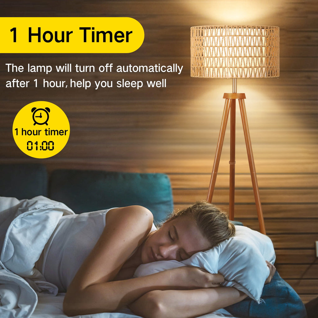 Cozylumi™ Boho Rattan Tripod Floor Lamp with Shelves, Dimmable Standing Lamp with