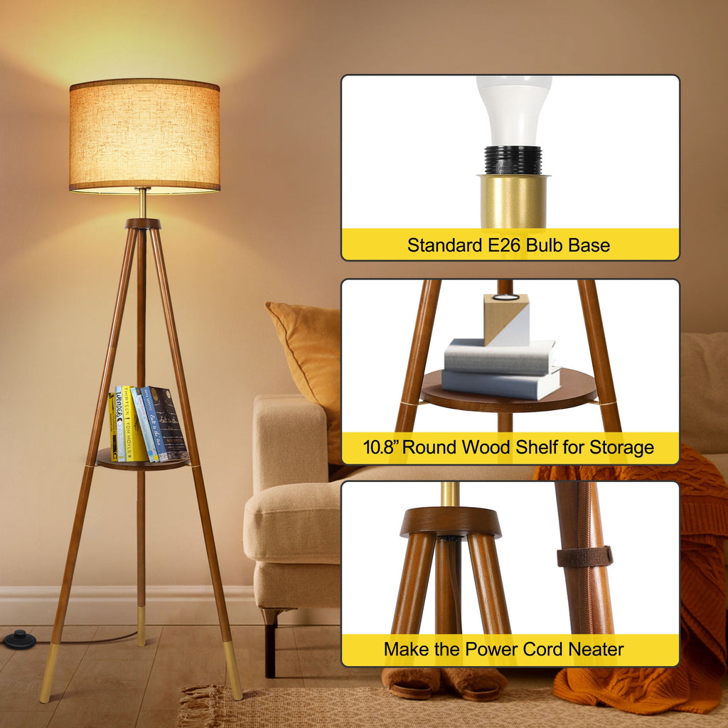 Cozylumi™ Wood Tripod Floor Lamp with Shelves, Dimmable Standing Lamps with Remote