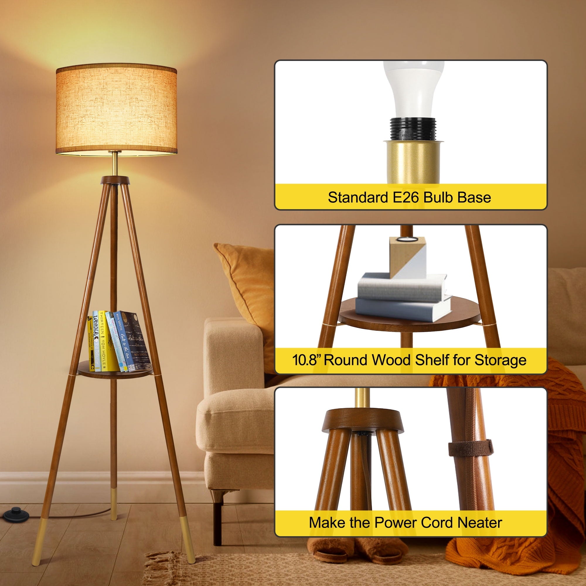 Cozylumi™ Wood Tripod Floor Lamp with Shelves, Dimmable Standing Lamps with Remote