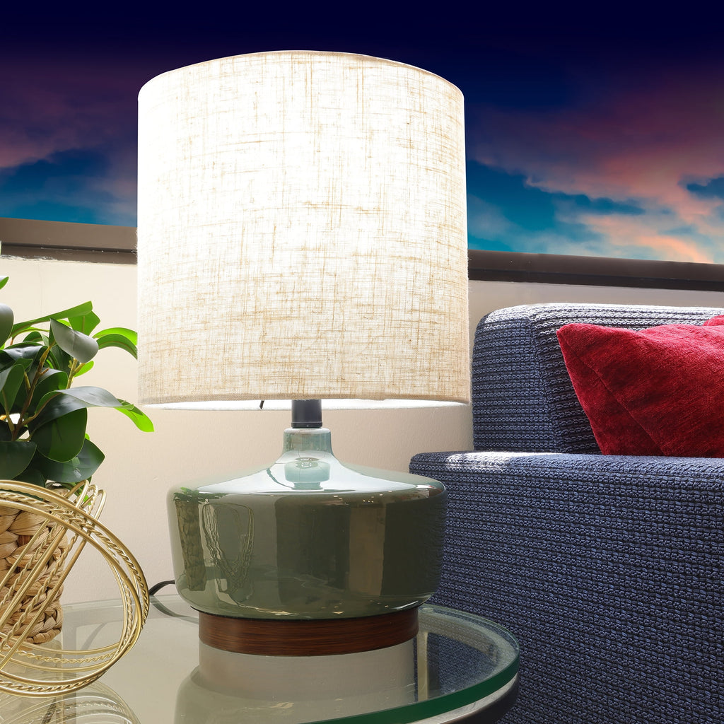 Cozylumi™ 17 in Mid-Century Green Ceramic Table Lamp with Wood Base