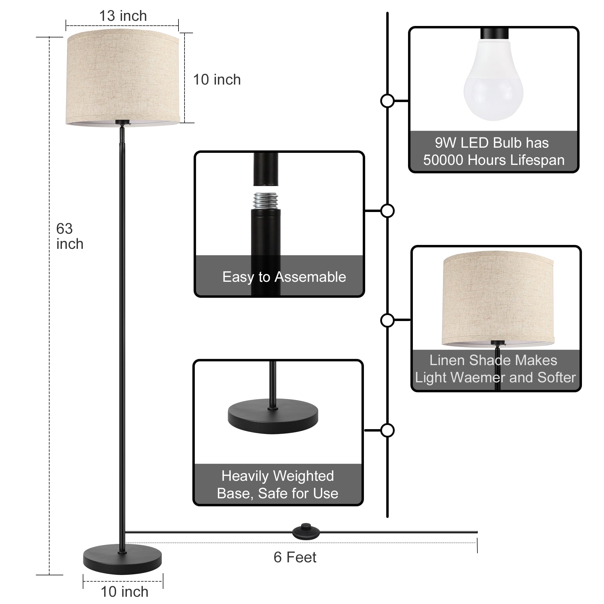 Cozylumi™ Modern Floor Lamps for Living Room, 63" Standing Lamp with Linen Shade, Tall