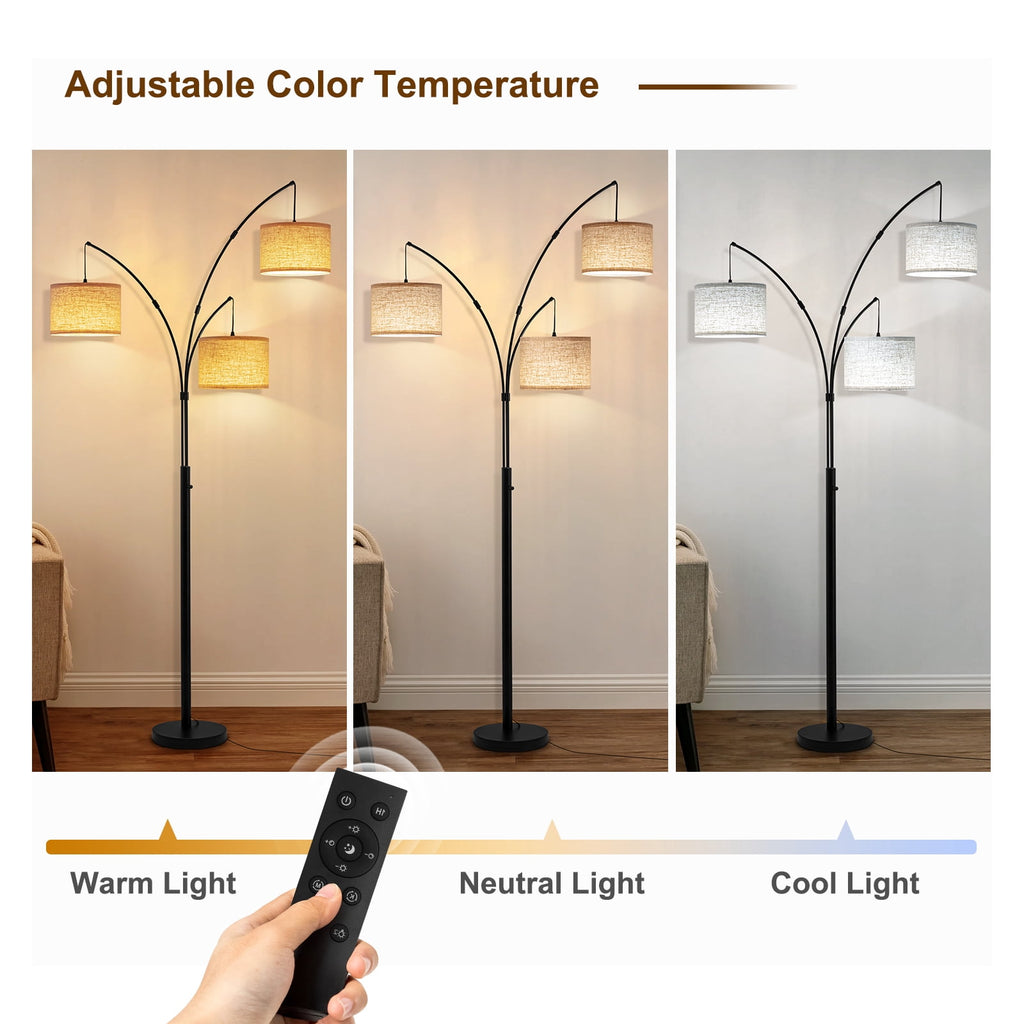 Cozylumi™ Netin 80 3-Light Modern Dimmable Black Arc Floor Lamp with Beige Shades