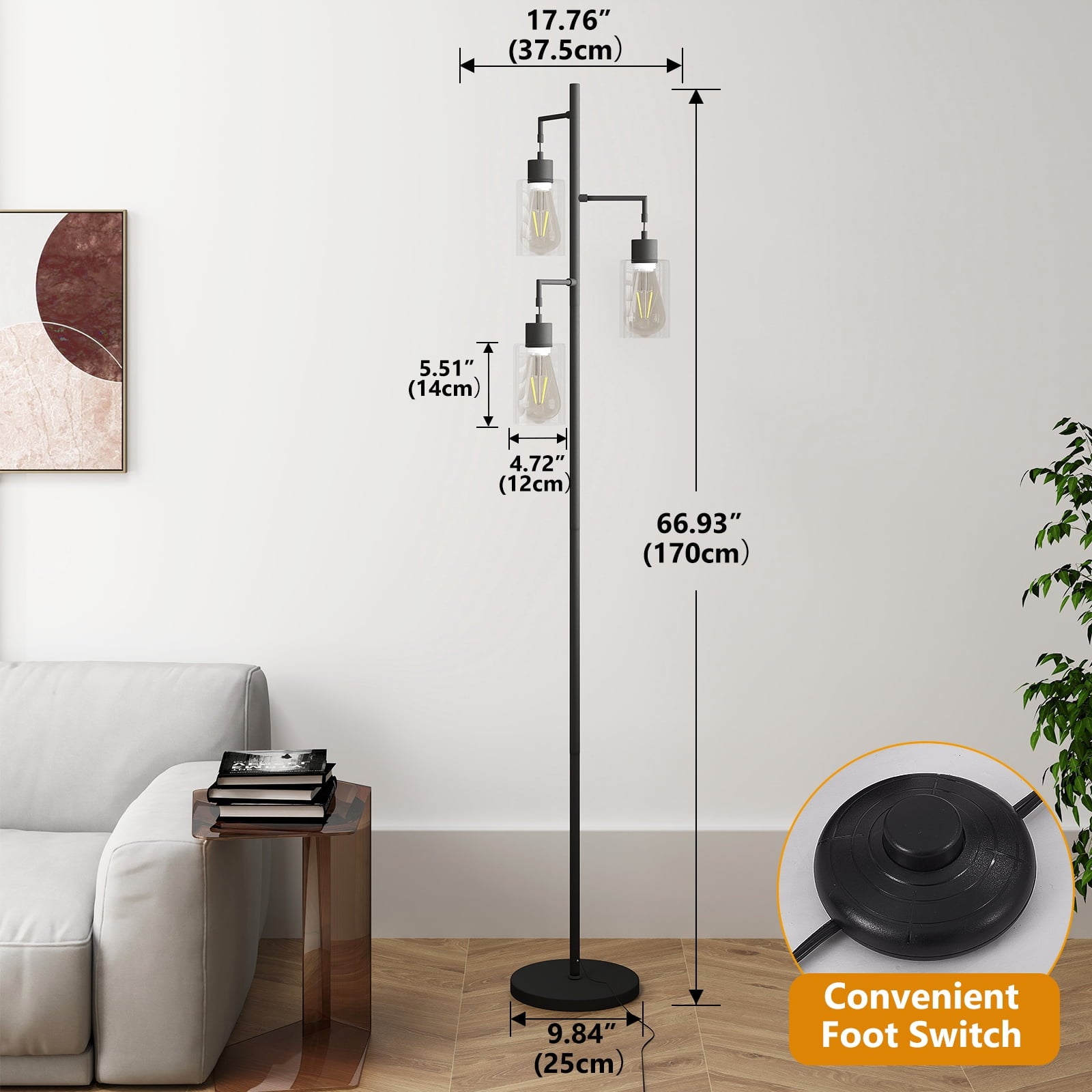 Cozylumi™ DRNANLIT 3-Light Industrial Floor Lamp with Clear Glass Shades, Black