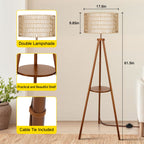 Cozylumi™ Boho Rattan Tripod Floor Lamp with Shelves, Dimmable Standing Lamp with