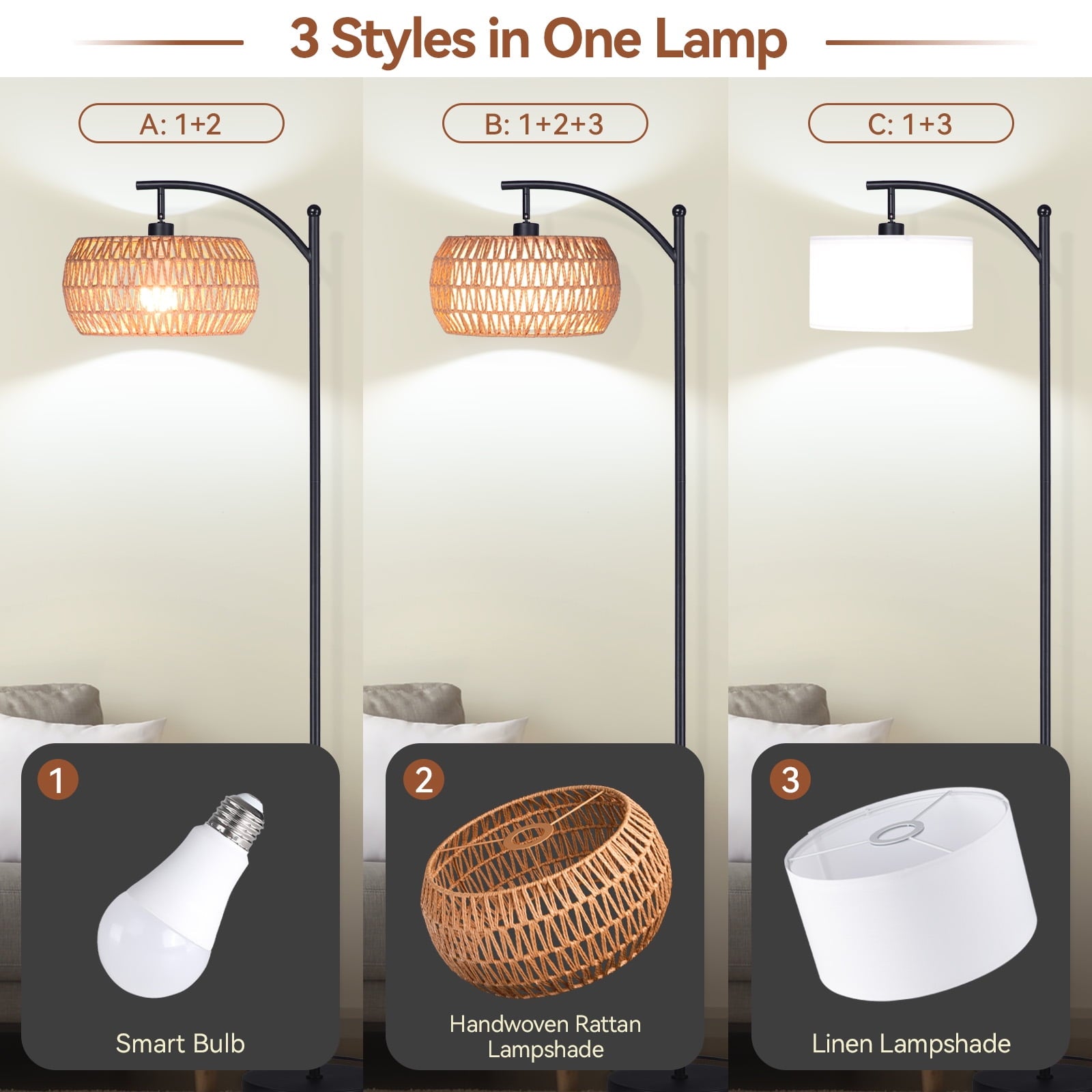 Cozylumi™ 63'' Dimmable Arc Rattan Floor Lamp, Black Standing Lamp with Rattan & Fabric